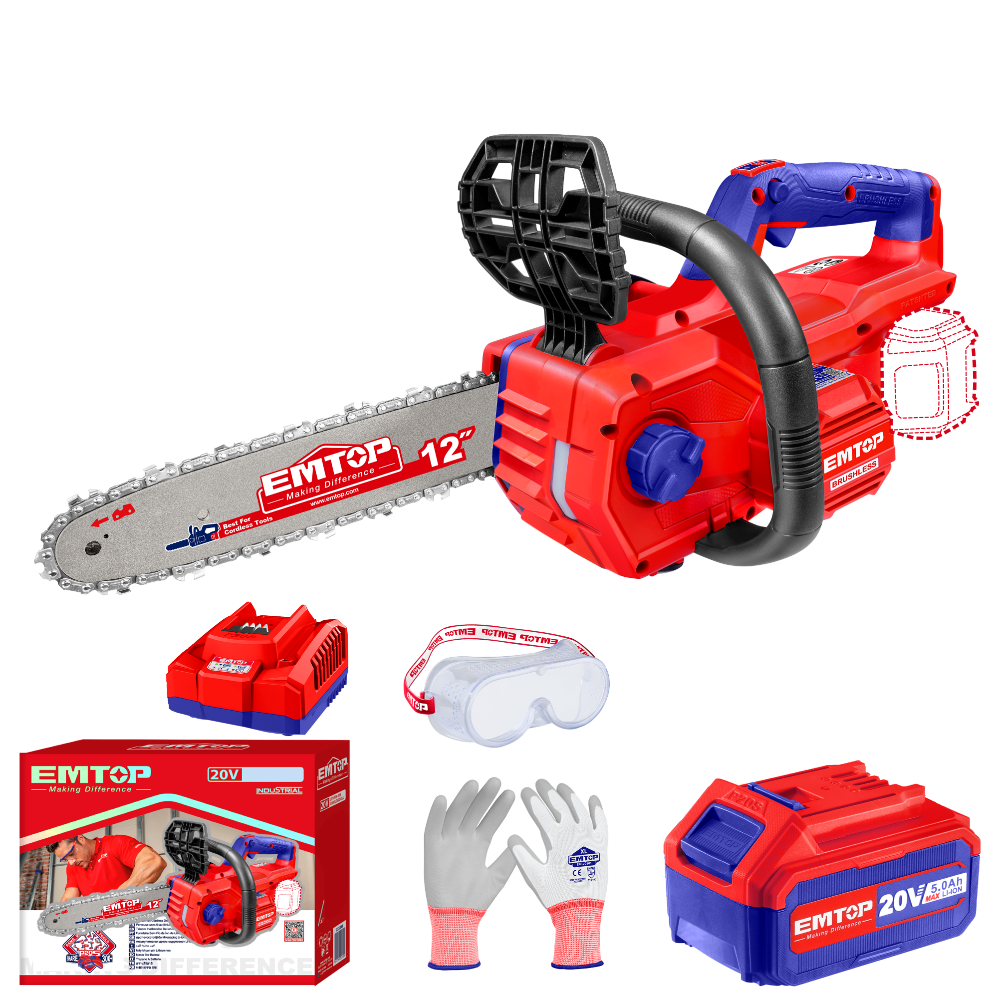 Пила цепная аккумуляторная EMTOP ELGA201286