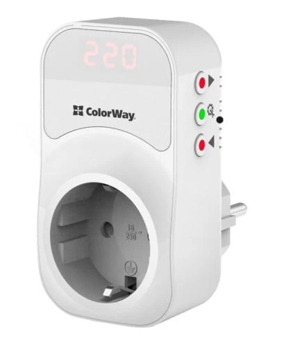 Реле напряжения ColorWay DS1 1 розетка 220 В/50 Гц до 16 A/3520 Вт White (MCT-CW-VR16-01D)