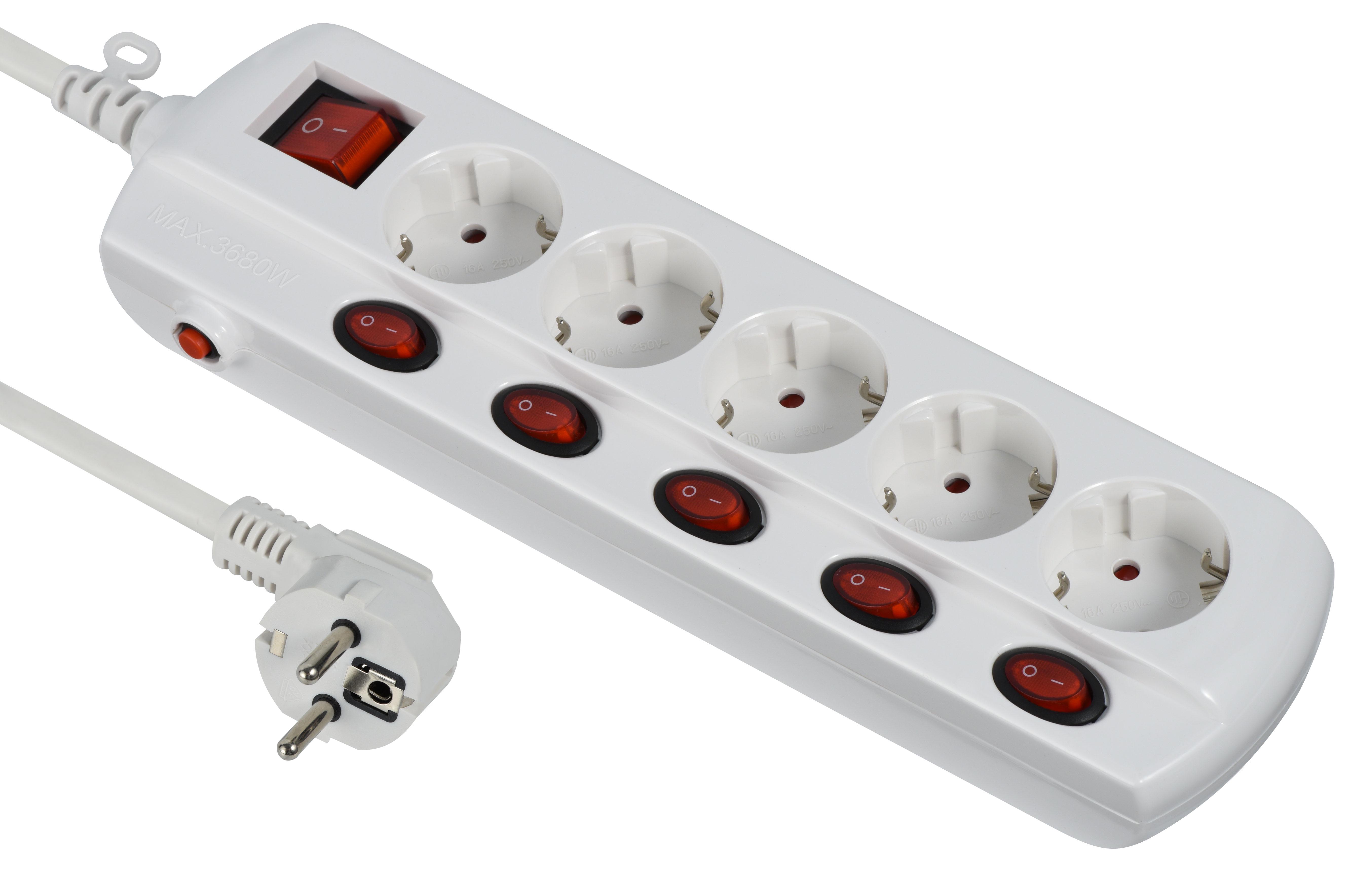 Удлинитель Electraline с защитой с заземлением 5 розеток 1,5 м 16A Индивидуальные выключатели 3х1 мм² Белый