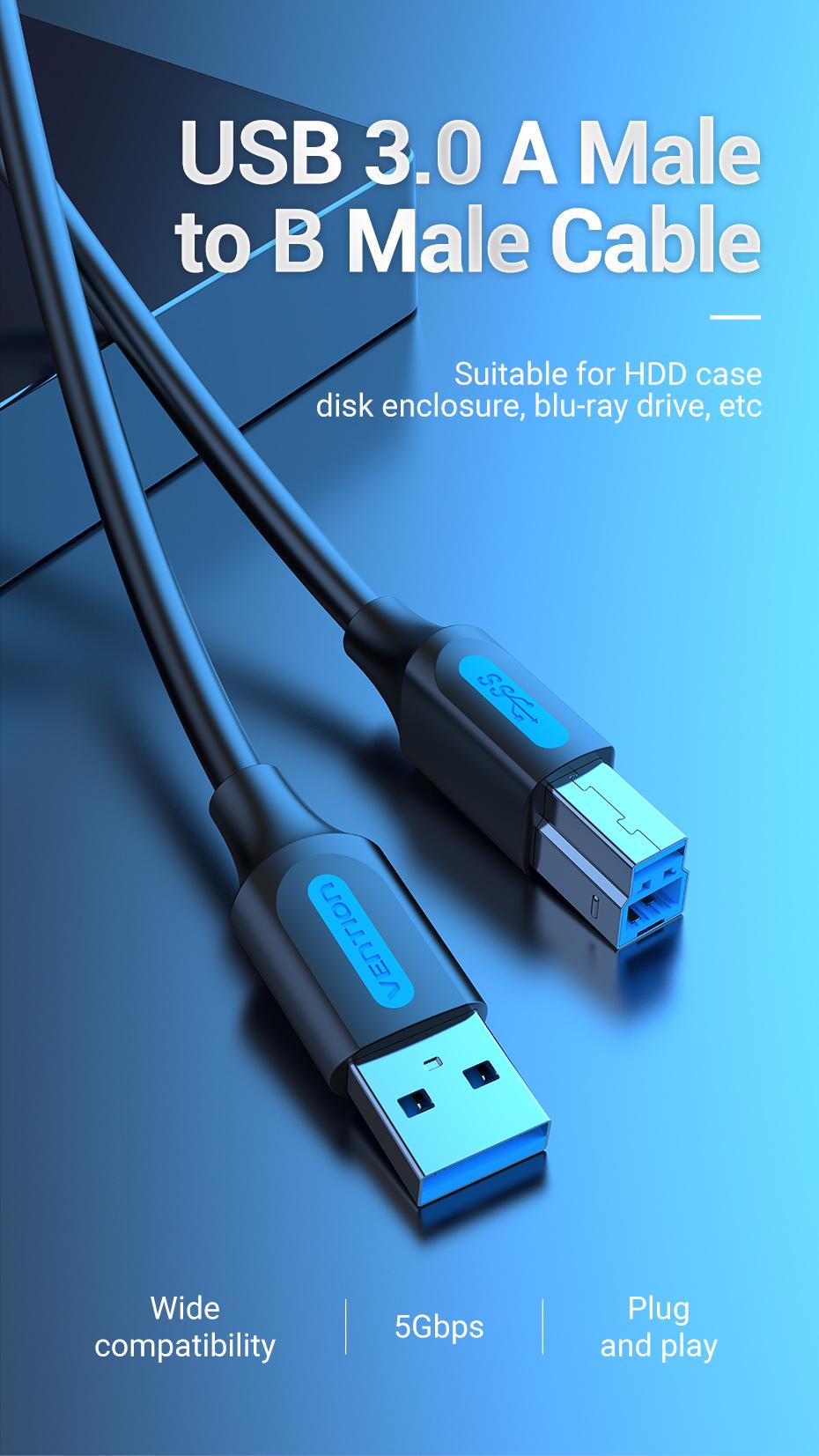 Кабель для принтера Vention USB-USB Type-B 3.0 5 Гбит/с 2A USB-A 3.0 на USB-B 3.0 1 м Черный (COOBF) - фото 2 Кабель для принтера Vention USB-USB Type-B 3.0 5 Гбит/с 2A USB-A 3.0 на USB-B 3.0 1 м Черный (COOBF) - фото 2