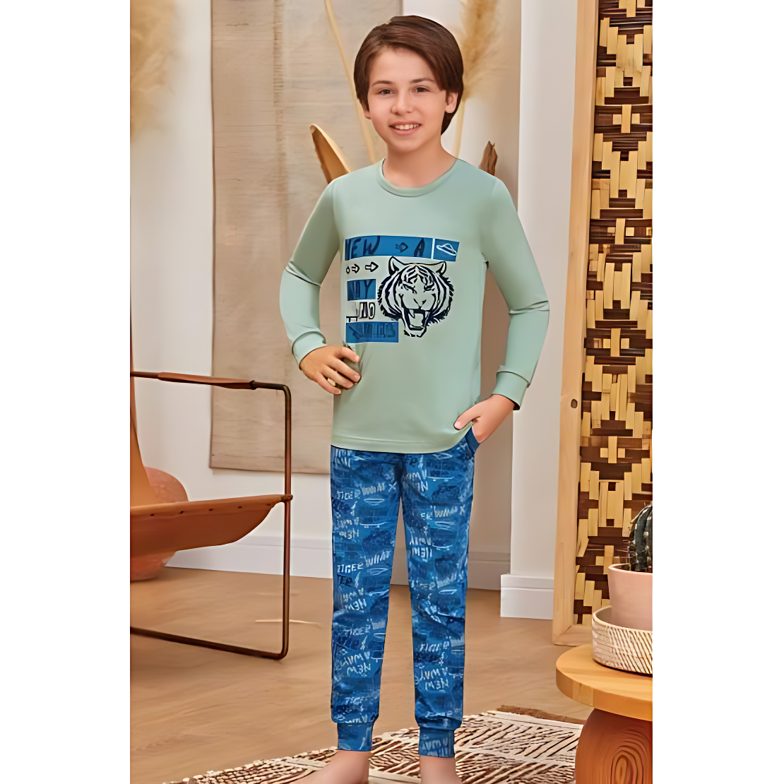 Домашний костюм-пижама для мальчика BAYKAR р. 7 122-128 см 7-8 лет Оливковый с голубым (9791-499)