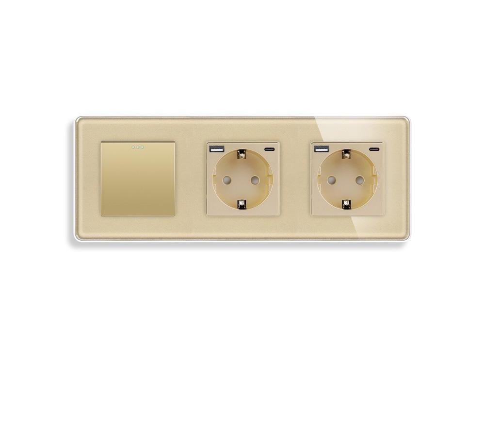 Выключатель проходной универсальный ELIOS с двумя розетками USB A+C 20Вт с заземлением/защитными шторками стекло Золотой