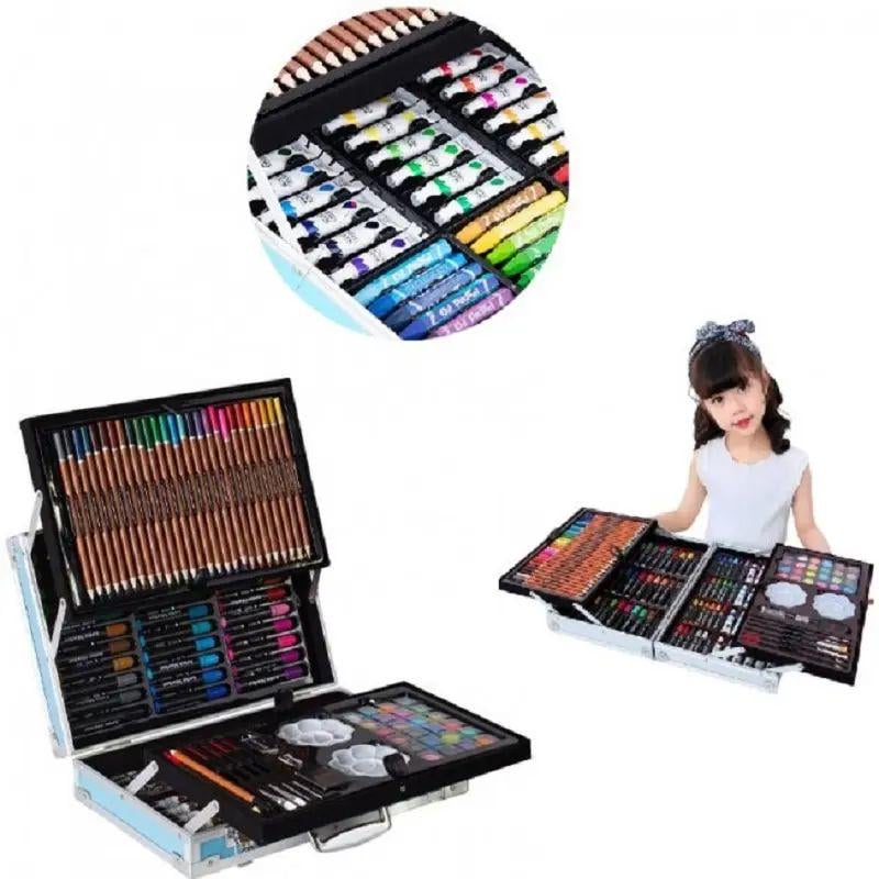 Набір для малювання фарби/фломастери та олівці в алюмінієвій валізці 145 пр. 34x29x9 см Рожевий (opt-15079) - фото 3