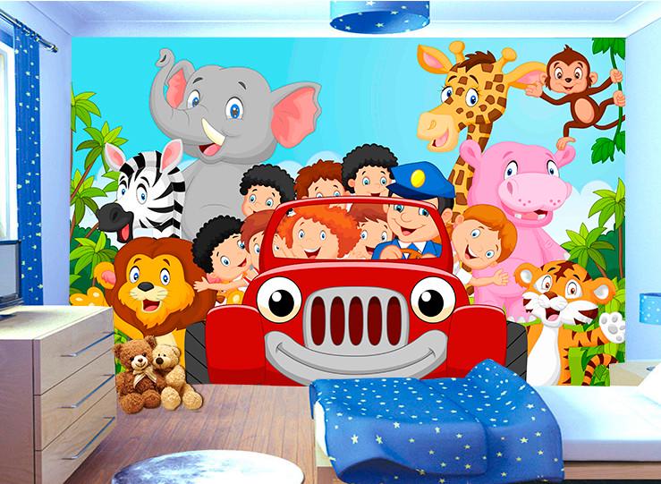 Фотошпалери 3D для дитячої кімнати Друзі на червоному автомобілі