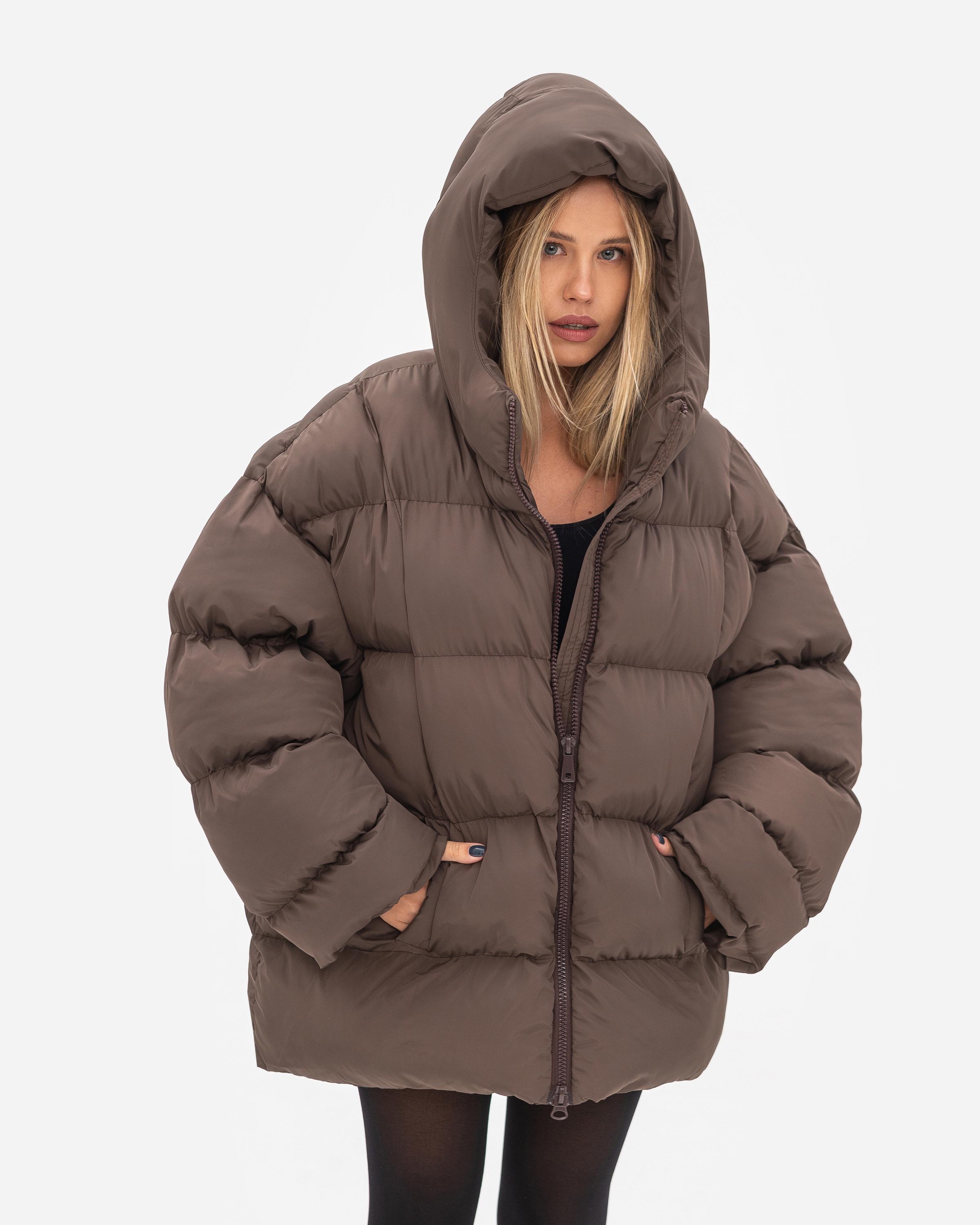 Пуховик женский сзади удлиненный Oversize S/M/L Brown (1011)