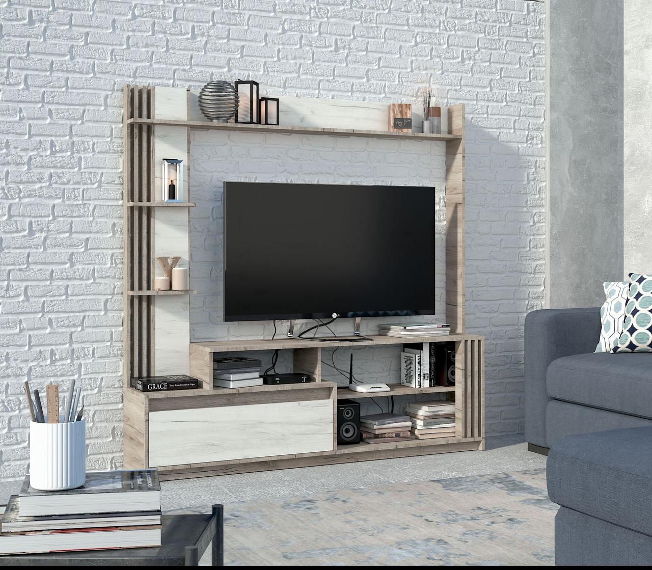 Стiнка в вiтальню Майстер Форм Брайт правостороння 170х32,5х170 см Дуб крафт сірий/Дуб крафт білий (22981720)