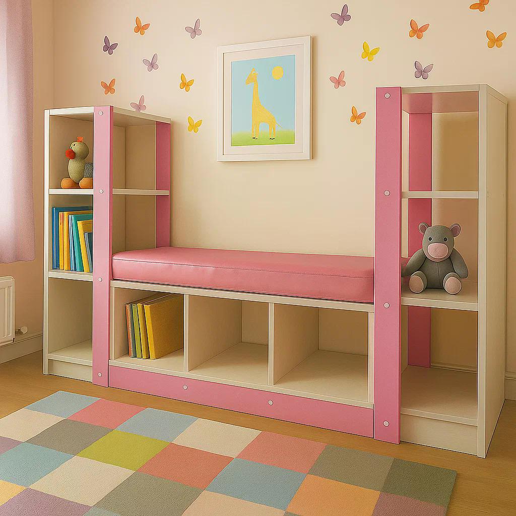 Детский Шкаф GAP DS-150 с открытыми полками и диванчиком 1500x340x820 мм Розовый