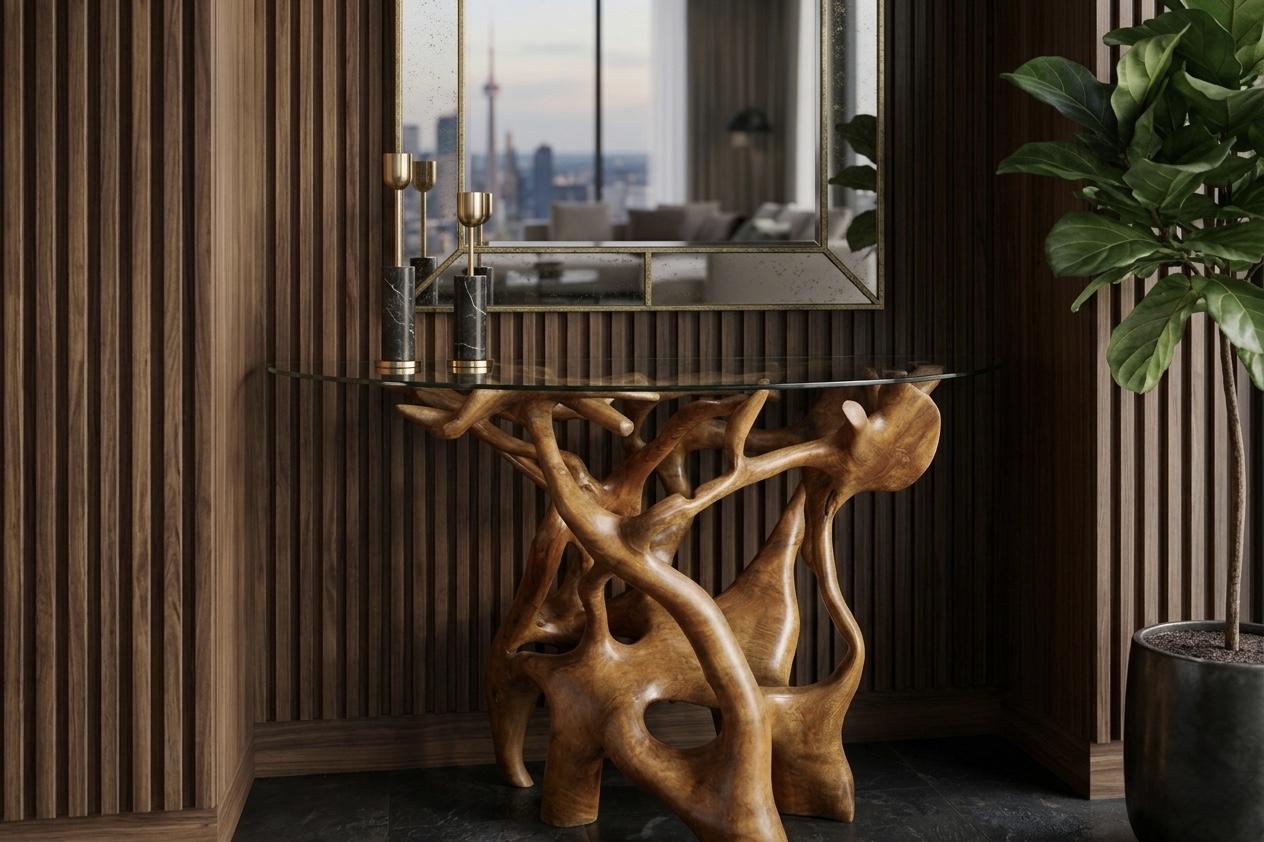 Консольный столик из дерева тик со стеклом 80х65х160 см (DKA_3_1)