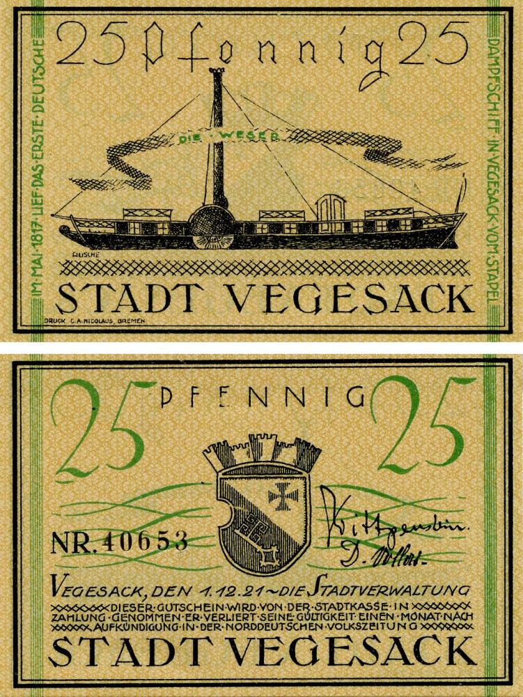 Коллекционная банкнота Германия Нотгельд 25 пфеннигов 1921 F-VF Фегезак (Б16157)