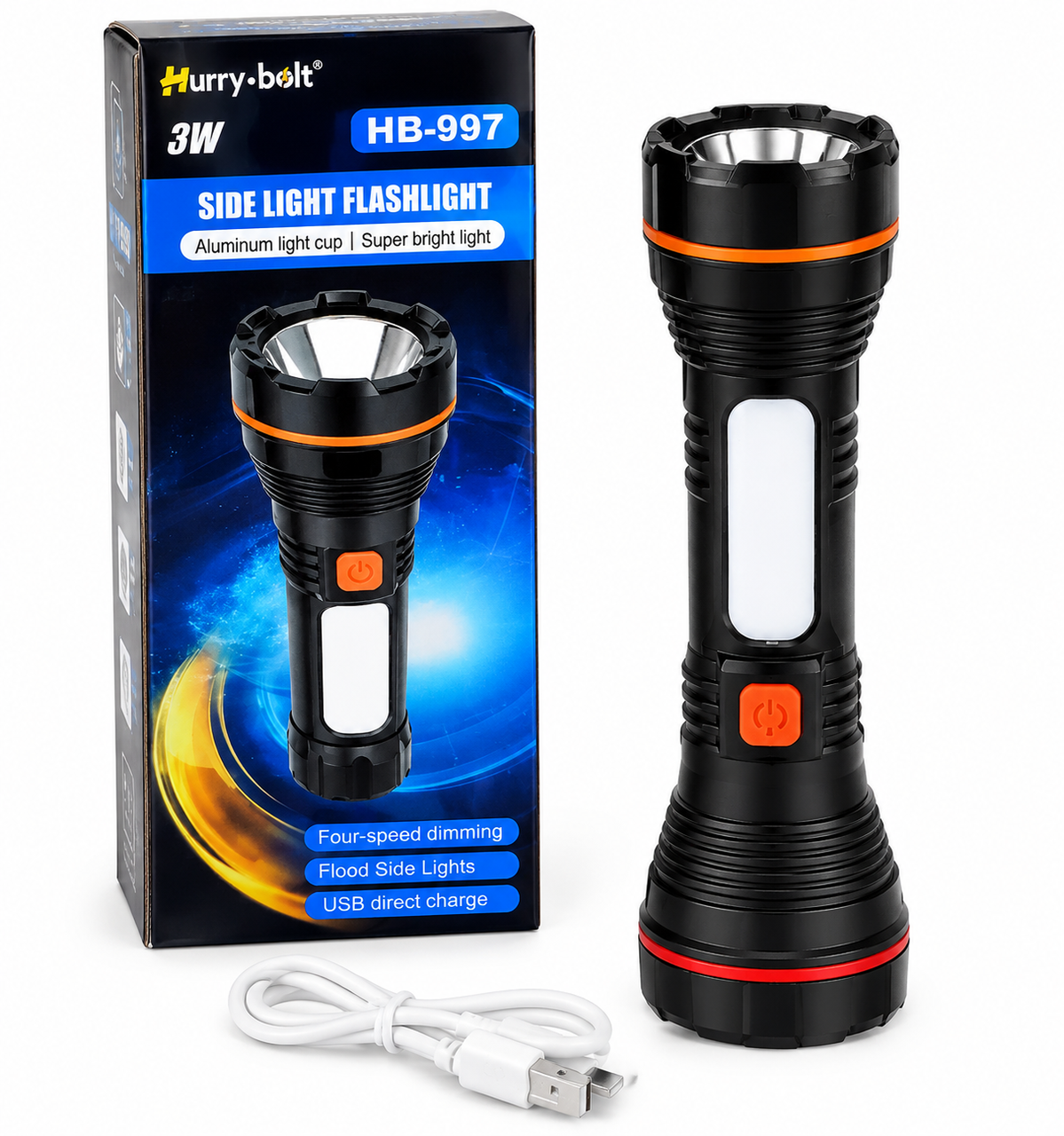 Фонарь ручной светодиодный Hurry Bolt HB-997 с боковой лампой с аккумулятором от USB 3W Черный (3188506780)