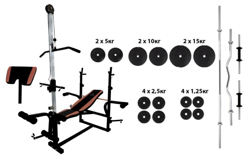 Спортивна лава ABS-покриття з верхньою тягою та 4 грифи/дисків 75 кг (25551848) - фото 2 Спортивна лава ABS-покриття з верхньою тягою та 4 грифи/дисків 75 кг (25551848) - фото 2