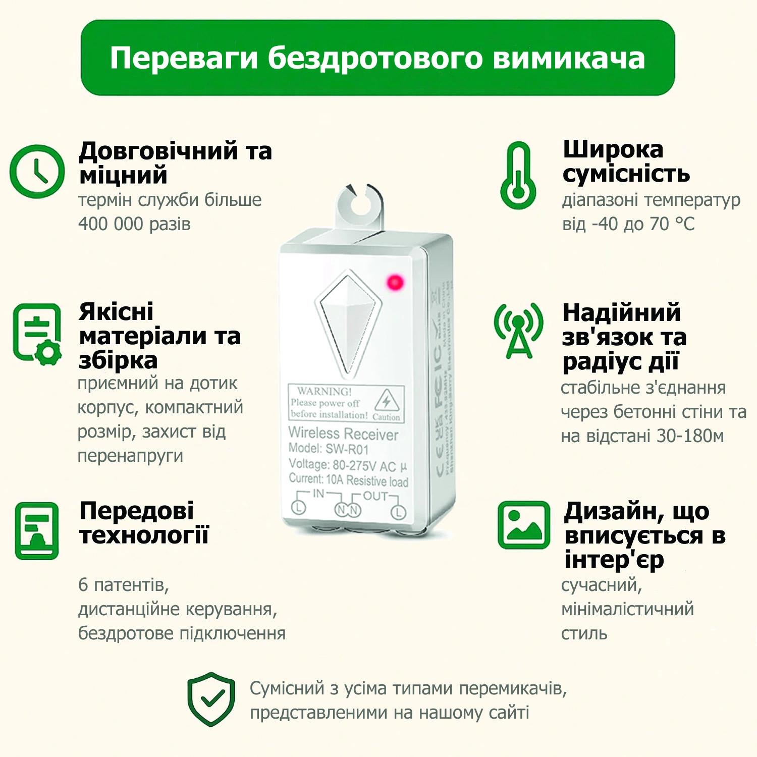 Комплект Premium SW-R01 беспроводной выключатель с 1-канальной клавишей CK1А и приемным блоком (53291) - фото 8 Комплект Premium SW-R01 беспроводной выключатель с 1-канальной клавишей CK1А и приемным блоком (53291) - фото 8