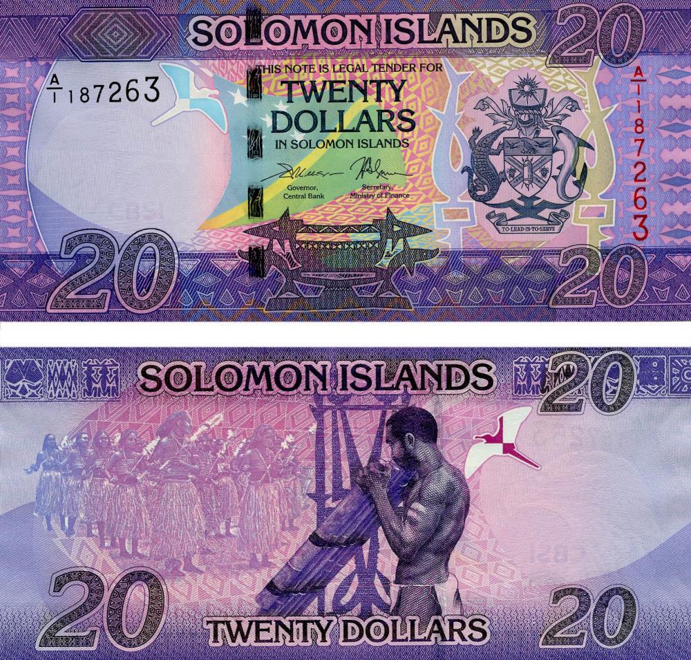 Коллекционная банкнота Соломоновы Острова 20 долларов UNC Синий (Б06641)