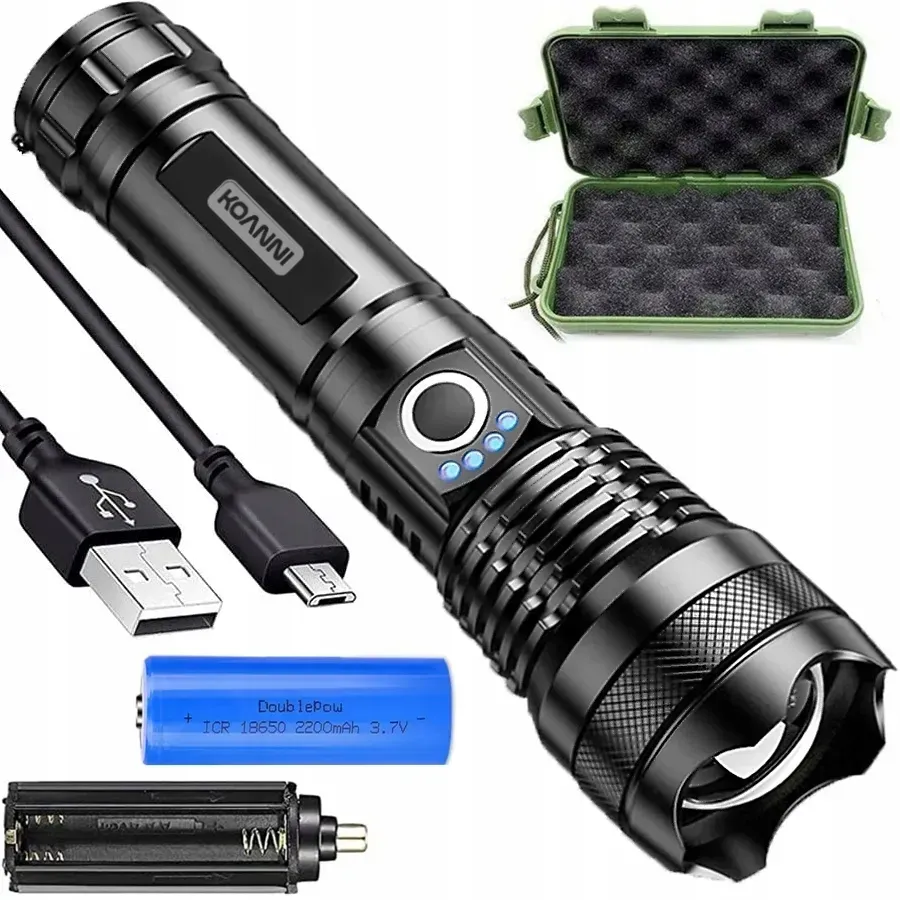 Фонарик тактический Koanni аккумуляторный металлический 5 режимов влагозащищенный с зумом 5000 Лм Черный (114)