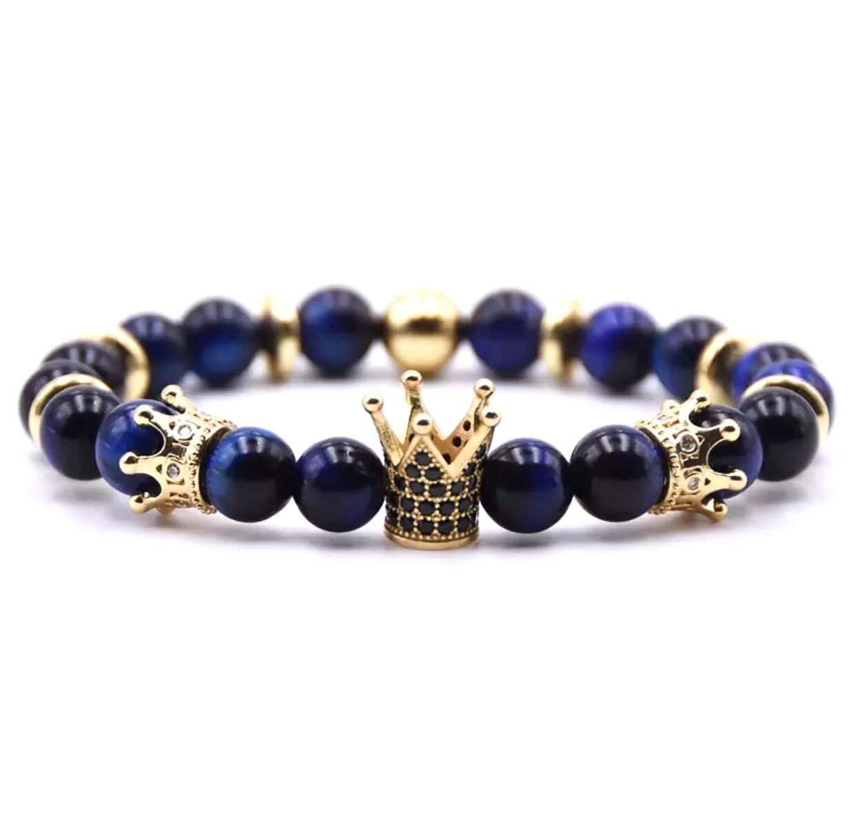 Браслет із тигрового ока з коронами та дисками р. 17 Синій/Золотий (20050)