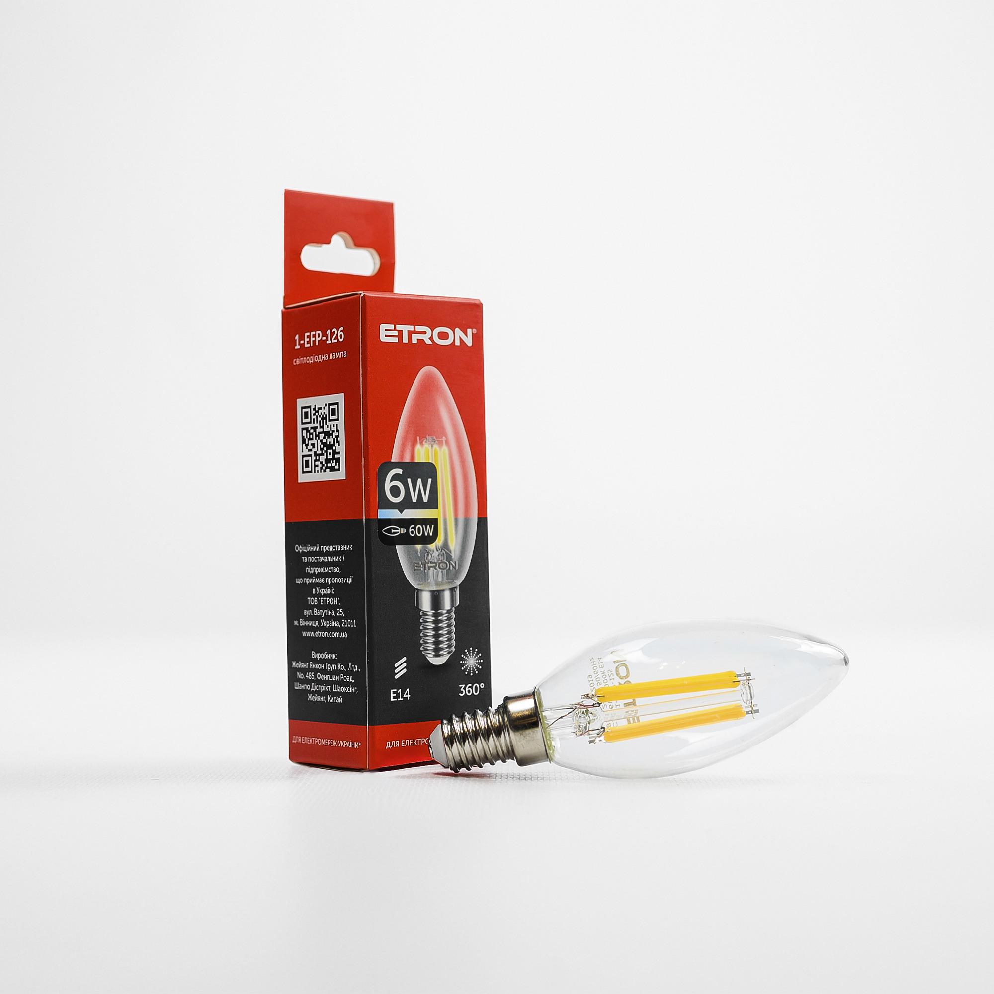 Лампа LED ETRON Filament С37 E14 6W 4200К прозрачное стекло (1-EFP-126)