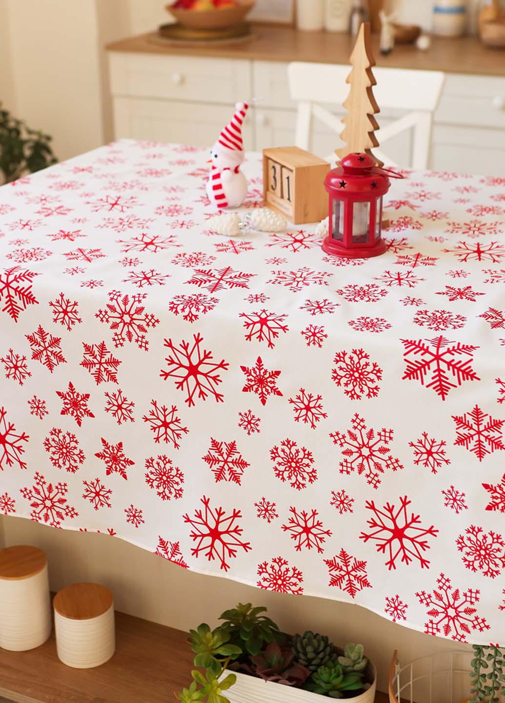 Скатертина новорічна бавовняна Сніжинки червоні на білому розкладний стіл 1,5х2,2 м (счб22) - фото 3 Скатертина новорічна бавовняна Сніжинки червоні на білому розкладний стіл 1,5х2,2 м (счб22) - фото 3