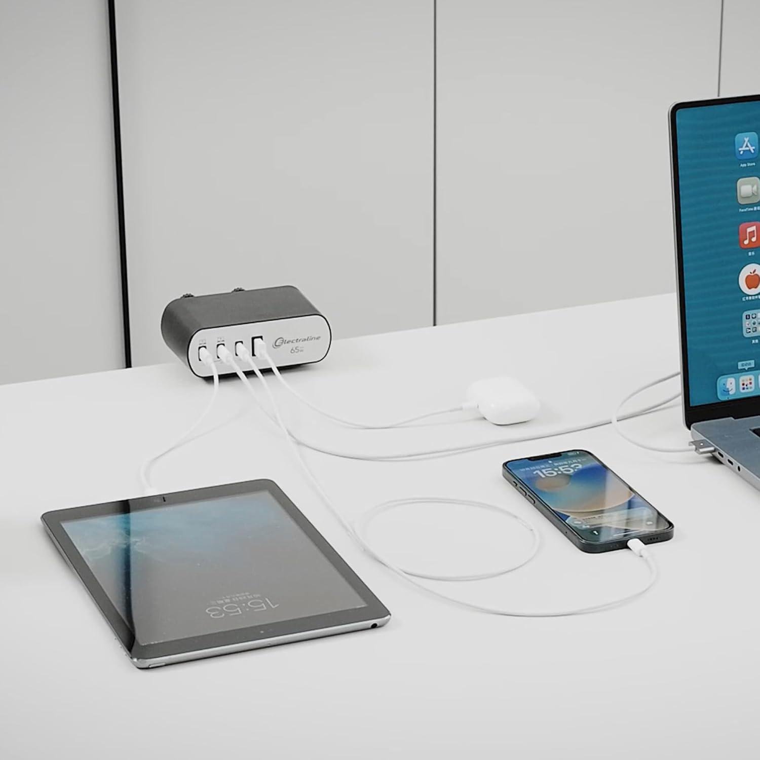 Зарядний блок із фіксатором Electraline Schuko 2 розетки 3хUSB-C PD 65 Вт /1хUSB-A 2 м Алюміній/Чорний - фото 10