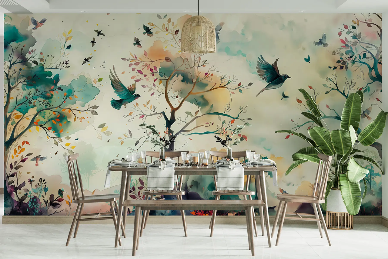 Фотообои флизелиновые Styleo Очаровательные птички и деревья u99612 350х270 см Разноцветный