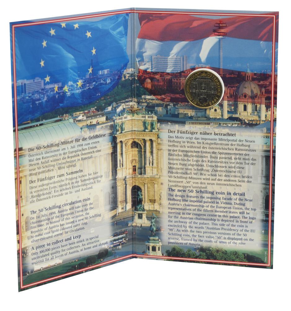 Коллекционная монета Австрия 50 шиллингов 1998 Биметалл UNC Председательство Австрии в ЕС в 1998 году в сувенирной упаковке (М23700) Коллекционная монета Австрия 50 шиллингов 1998 Биметалл UNC Председательство Австрии в ЕС в 1998 году в сувенирной упаковке (М23700)