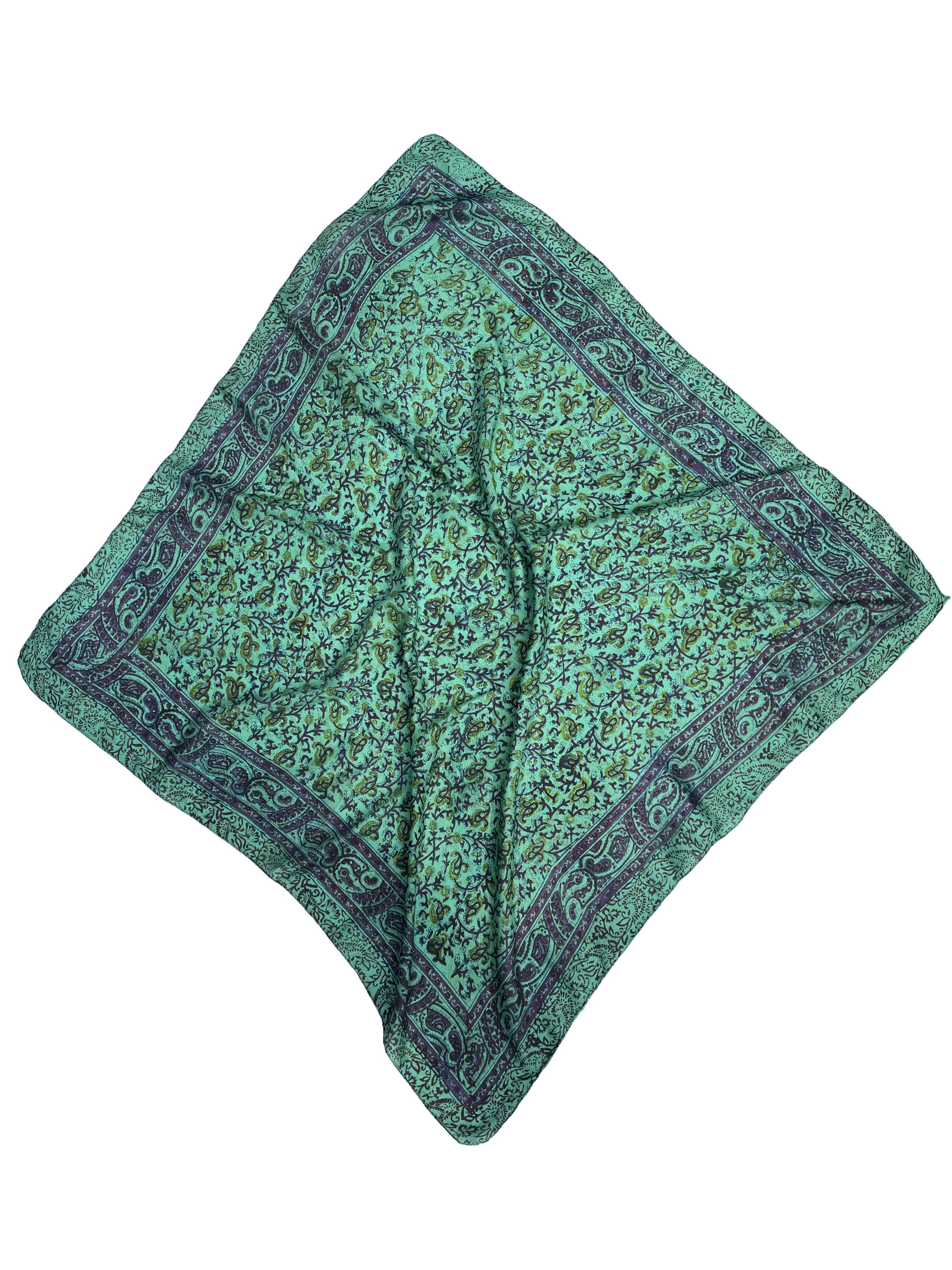 Натуральна шовкова хустка Silk Route 100х100 см Бірюзовий/Зелений (713)