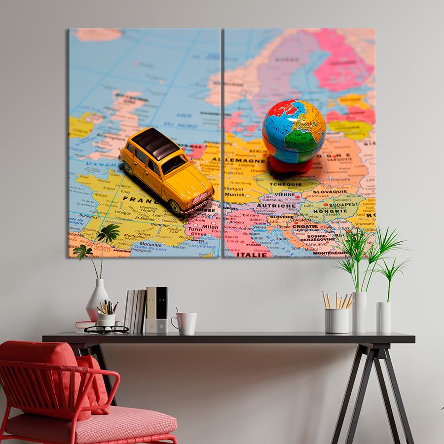 ᐉ Картина карта Игрушечная машинка на карте мира 165x122 см (A1345-2)