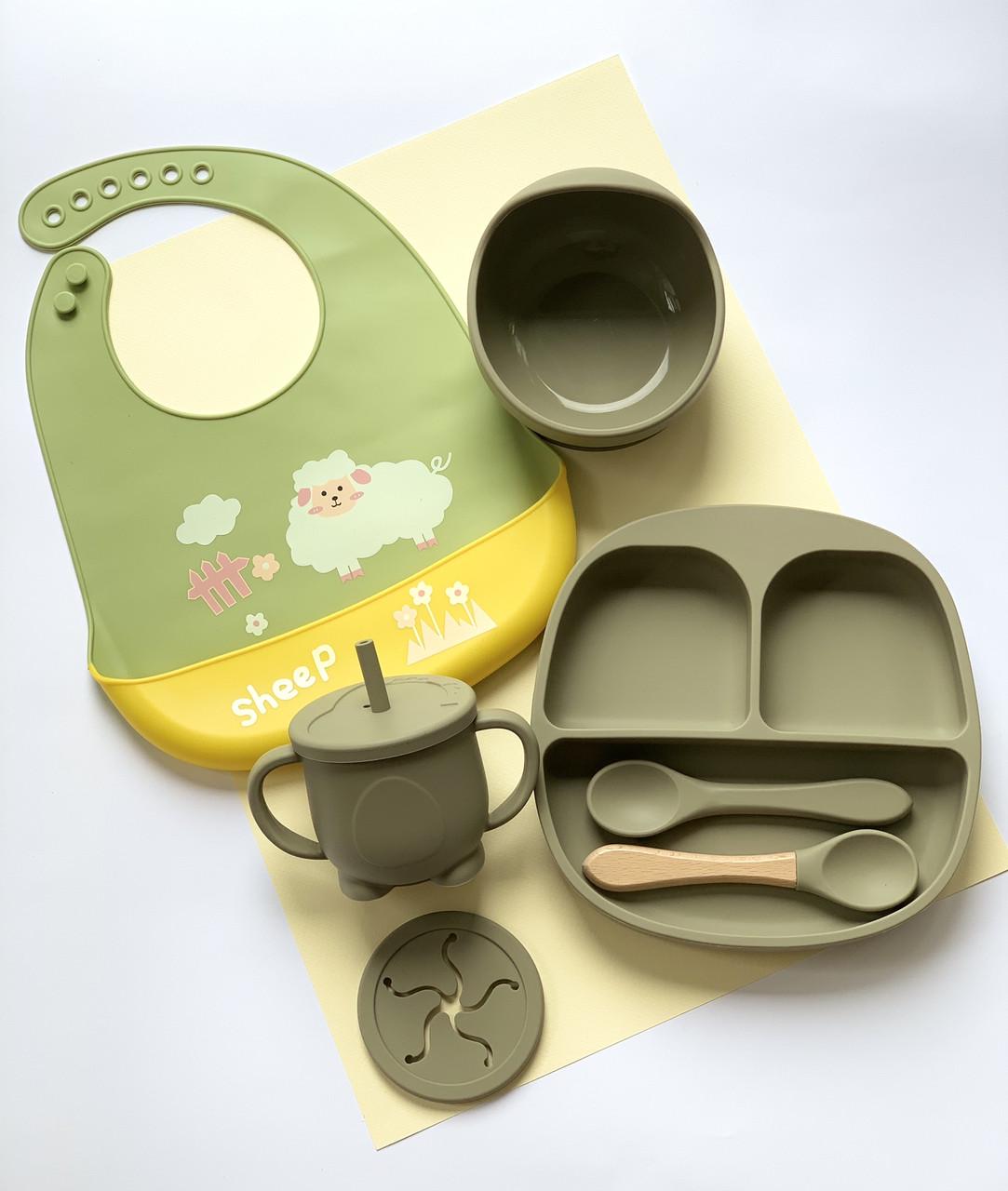 Набор силиконовой посуды для прикорма на присосках Овцы 5 пр. Зелено-желтый (2560)