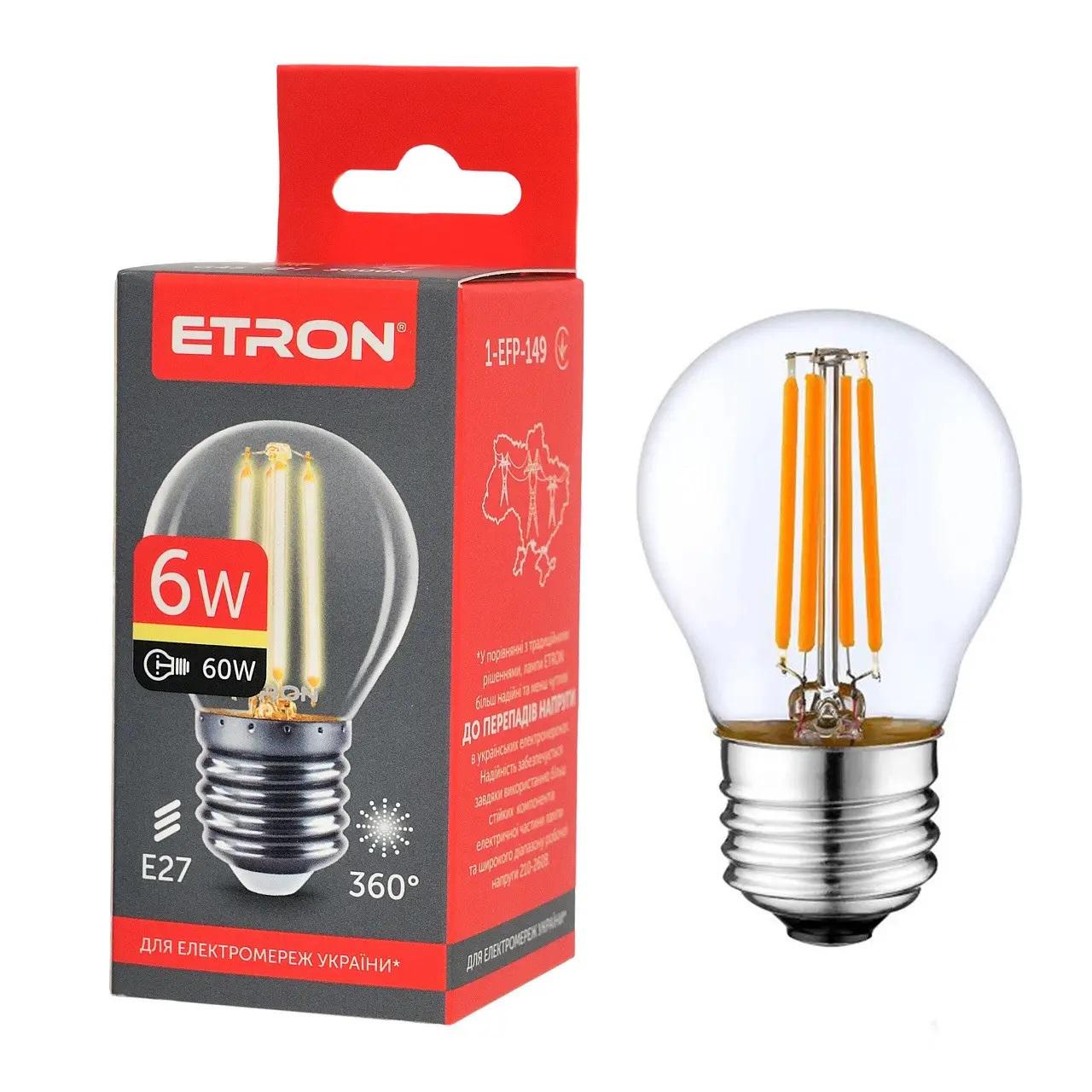 Лампа LED ETRON Filament 1-EFP-149 G45 E27 6W 3000K Прозорий