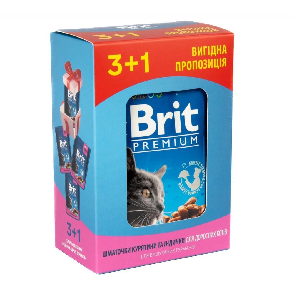 Набор паучей Brit Premium Cat Chicken and Turkey 3+1 для кошек кусочки в соусе с курицей и индейкой 100 гх4 шт. (34806705)
