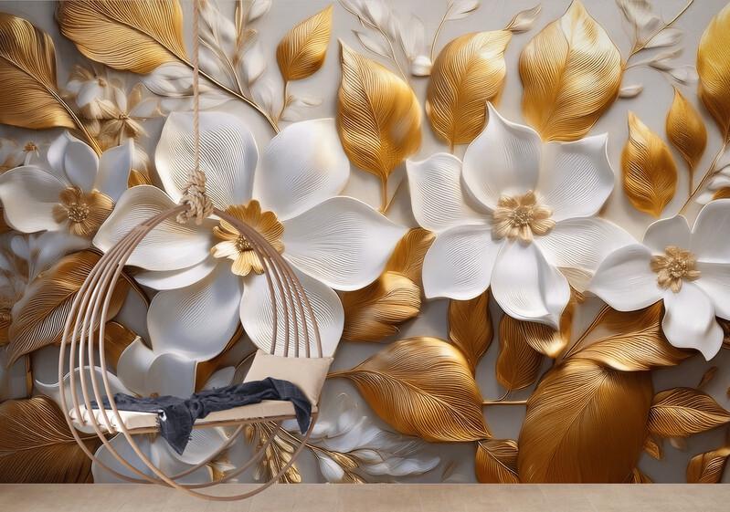 Фотошпалери 3D безшовні Квіти з золотим листям (S2111)