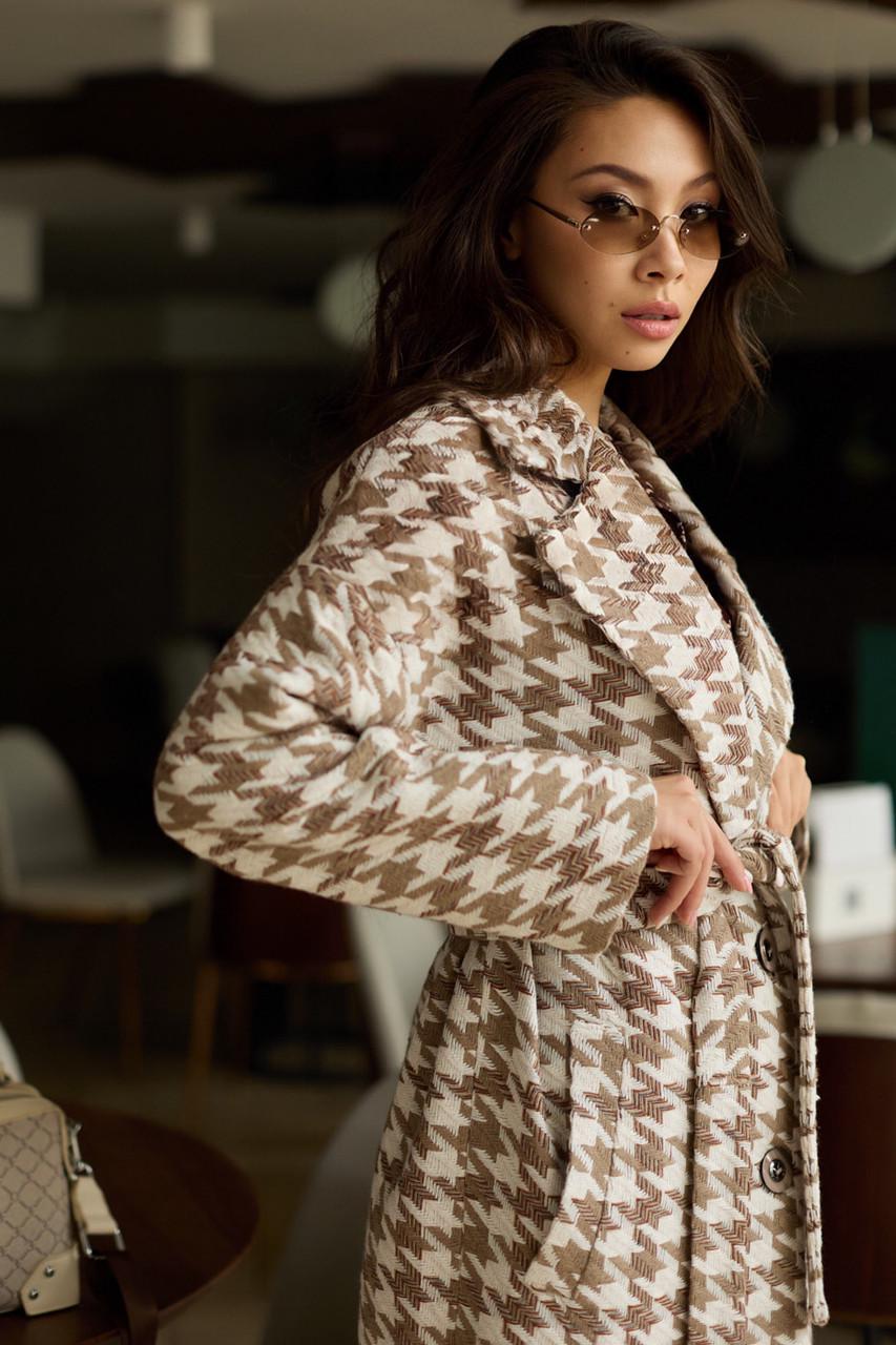 Пальто жіноче Seventeen в гусячу лапку S-M Коричневий з бежевим (1822980356) - фото 4