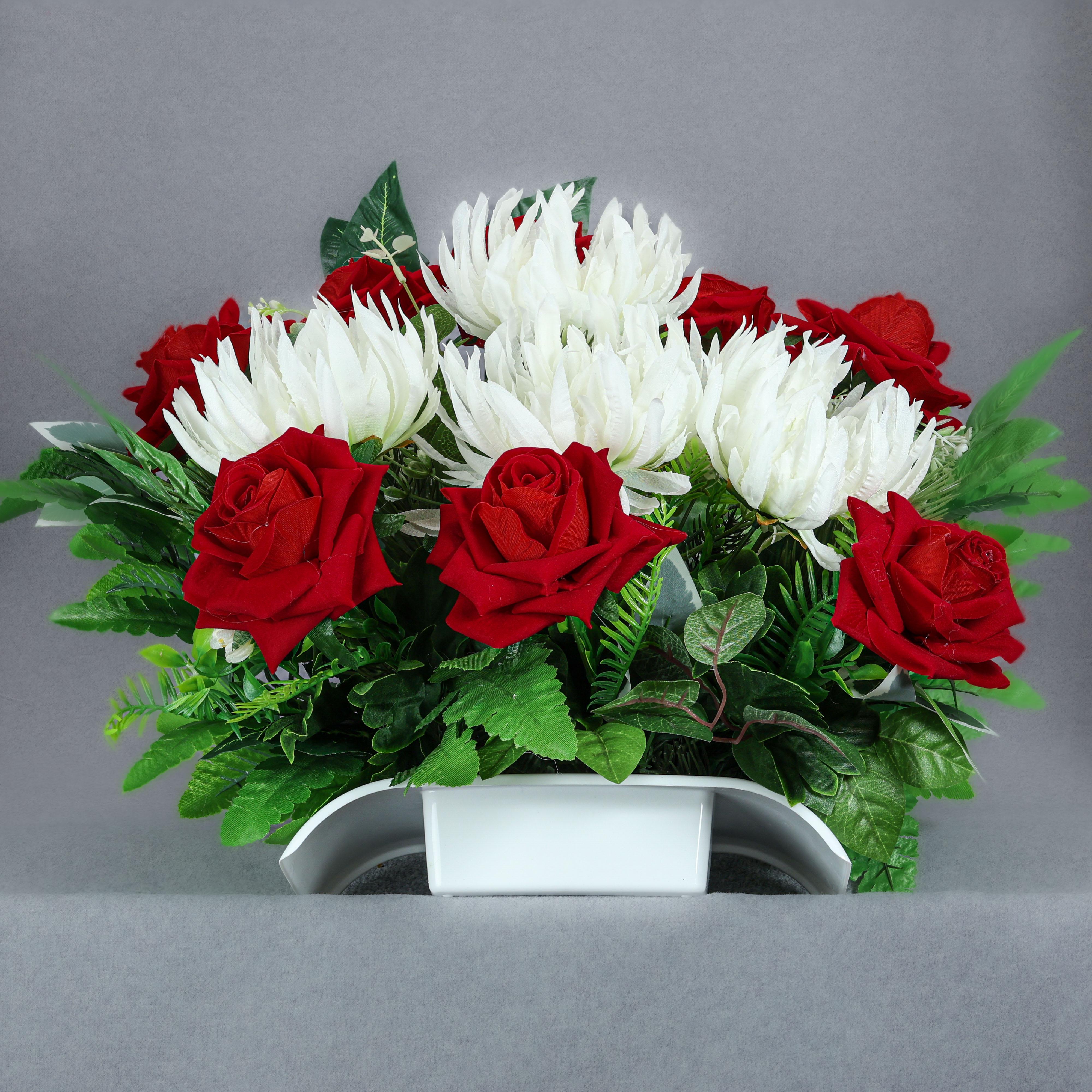 Композиция ритуальная GALA DECOR из 8 искусственных бархатных красных роз и белых хризантем в кашпо 50х40 см