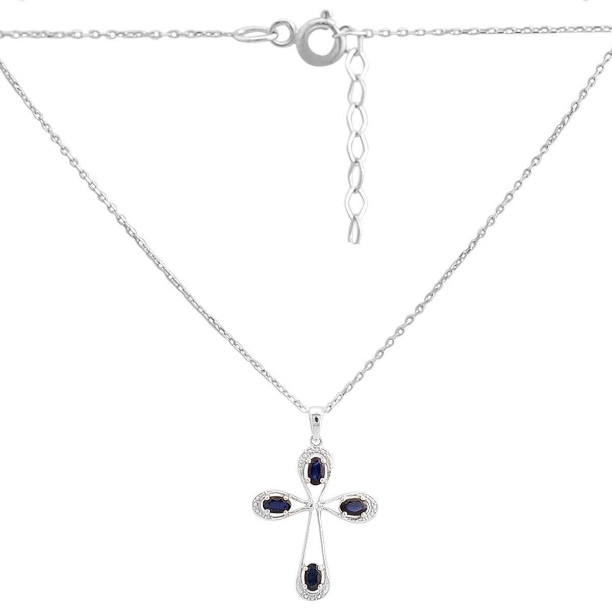 Колье серебряное с подвеской в форме креста и натуральными сапфирами