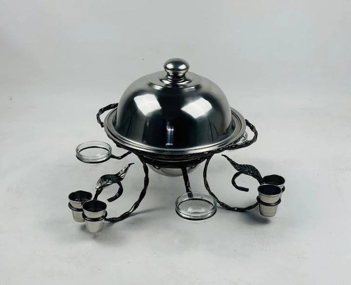 Садж стандартный для подогрева шашлыка с крышкой из нержавеющей стали 28 см с рюмками и соусниками Стальной (21-10-SJ-6584)