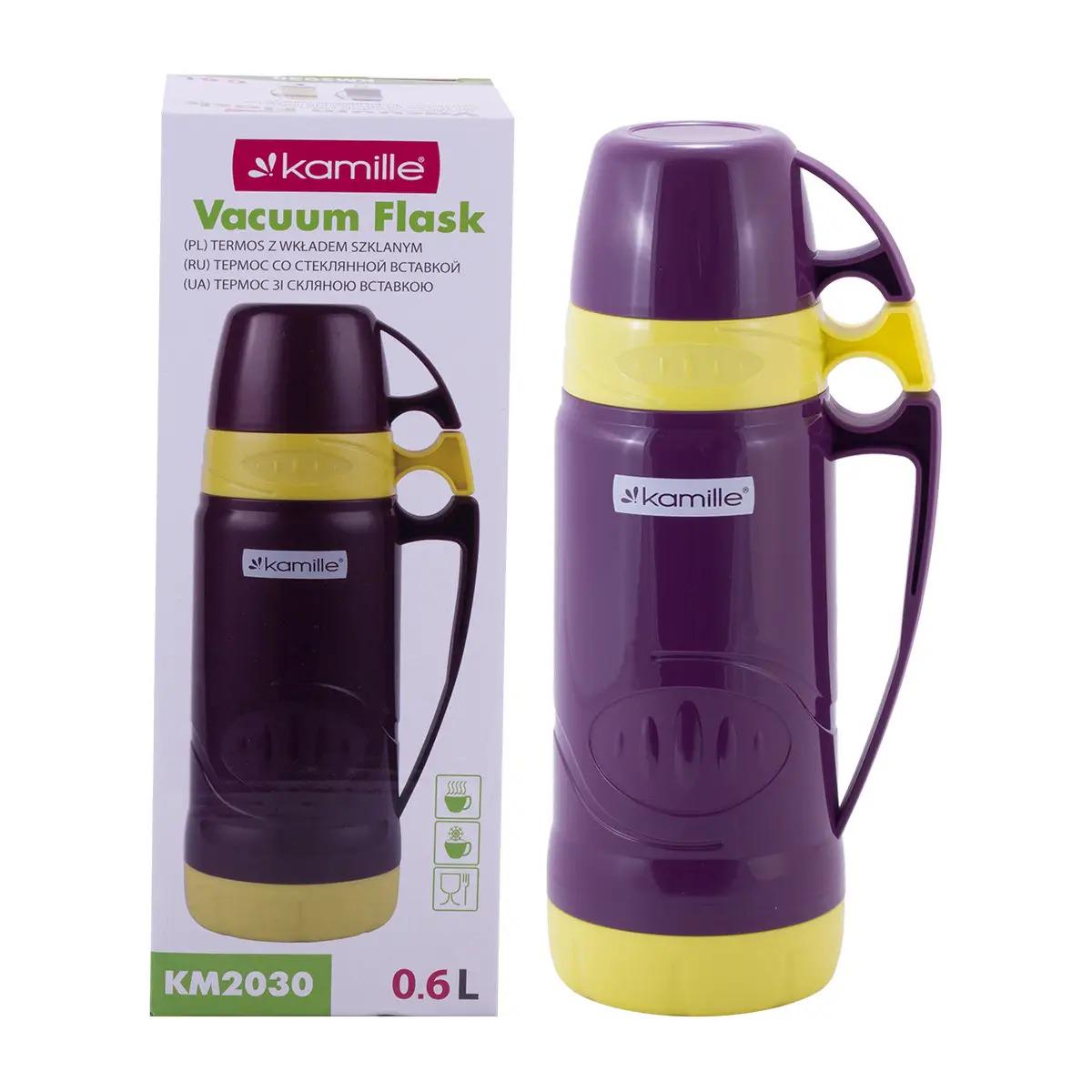 Термос Kamille пластиковый со стеклянной колбой 600 мл Фиолетовый (KM-2030)