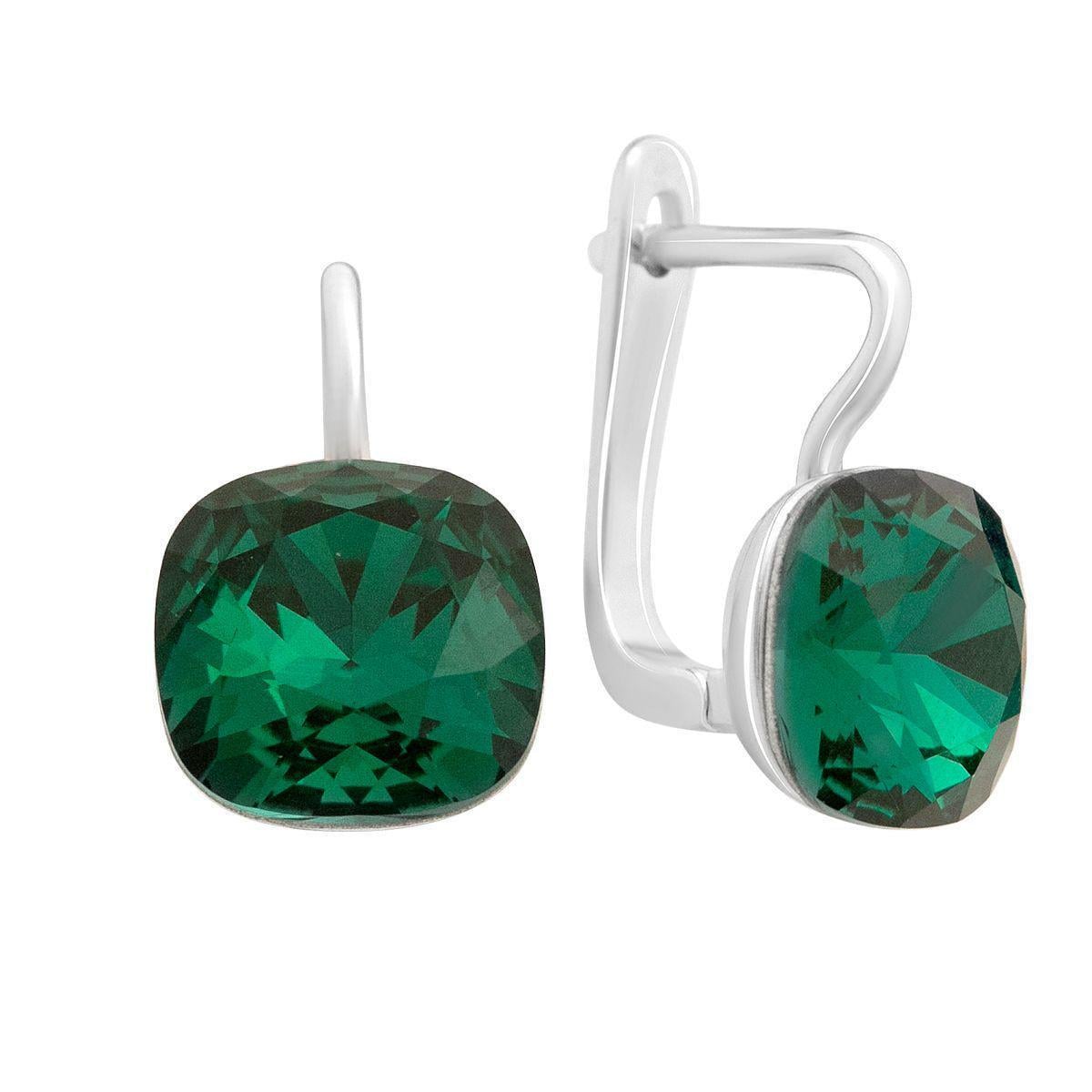 Сережки срібні з гладкою формою та квадратними зеленими фіанітами англійський замок