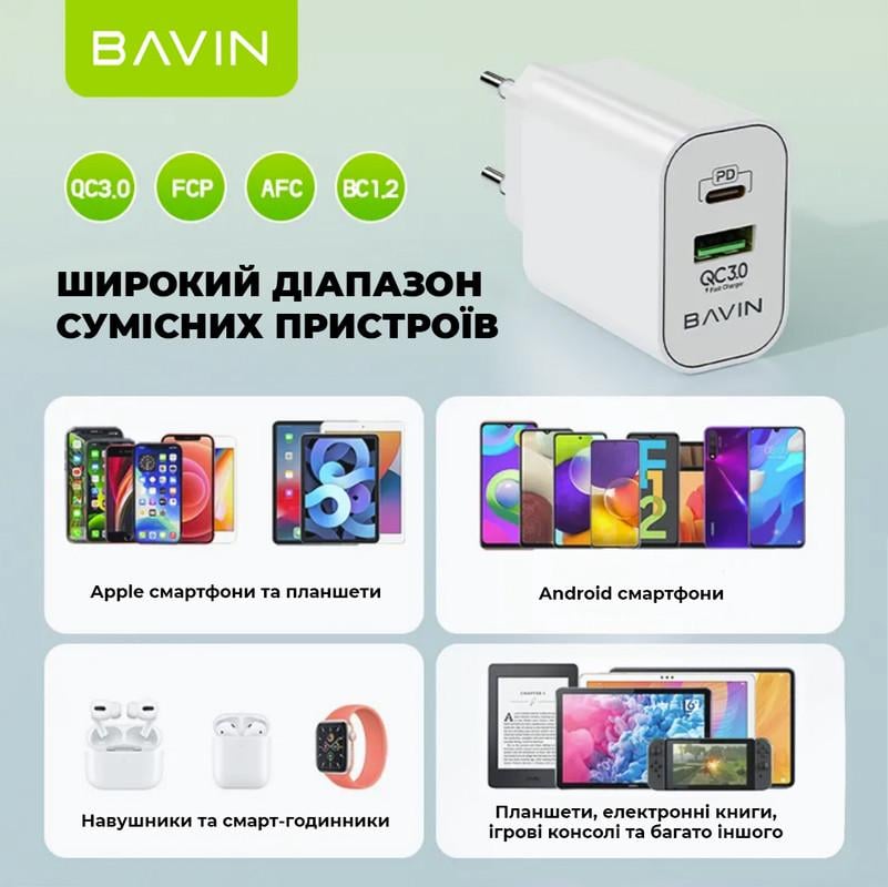 Зарядное устройство для BAVIN PC939Y-CC PD 20W USB-A QC3.0 с кабелем Type-C/Type-C White (C-PC939Y-CC-W) - фото 7