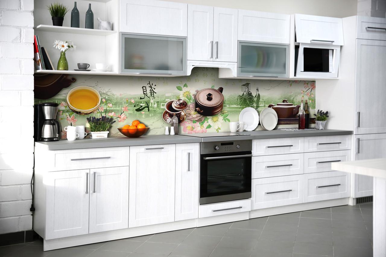 Кухонный фартук Чай и сакура из самоклеющейся виниловой пленки 60х300 см Зеленый