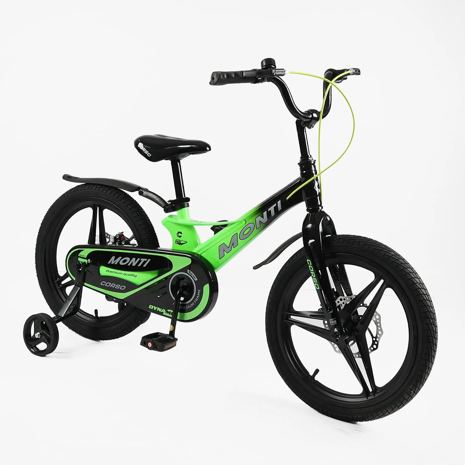 Детский велосипед Corso Magnesium Monti двухколесный 18" с дополнительными колесами Черно-салатовый (MT-18933)