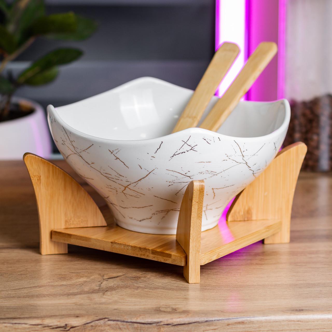 Салатниця керамічна з ложкою та вилкою на підставці 22х22х14 см (HP1228) - фото 3 Салатниця керамічна з ложкою та вилкою на підставці 22х22х14 см (HP1228) - фото 3