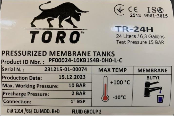 Гидроаккумулятор TORO 24 H горизонтальный не сменная мембрана (23289944) - фото 2 Гидроаккумулятор TORO 24 H горизонтальный не сменная мембрана (23289944) - фото 2
