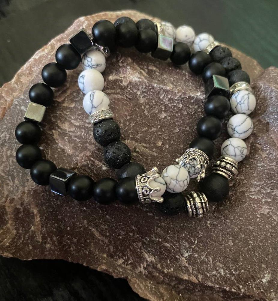 Браслет LITAURS из натурального камня дополнен металлическими вставками 2 шт. М 15-17 см (240714)