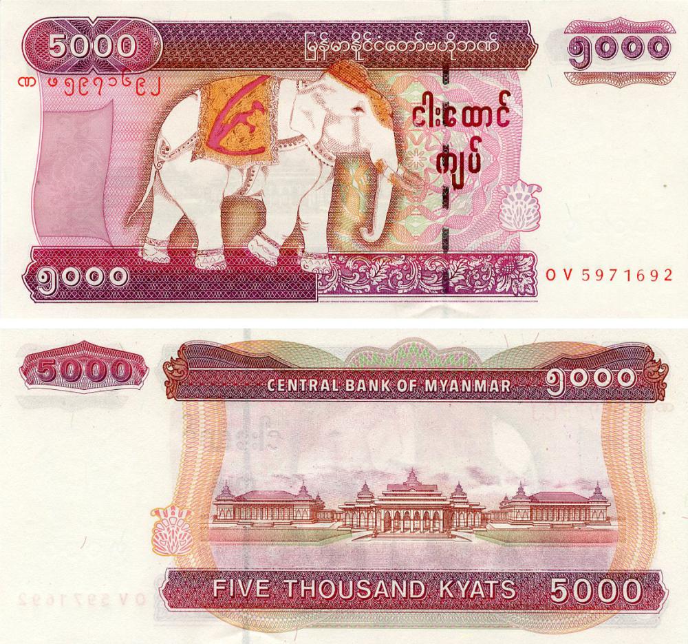 Коллекционная банкнота Мьянма (Бирма) 5000 кьят 2009 UNC Слон (P81)