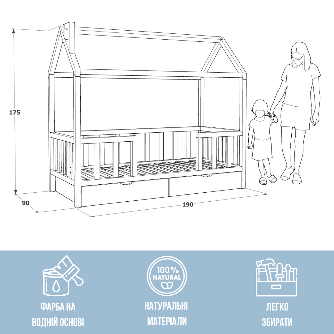 Кровать-домик детская RW Home с бортиками и ящиками для белья из массива ольхи 180х80 см - фото 3 Кровать-домик детская RW Home с бортиками и ящиками для белья из массива ольхи 180х80 см - фото 3