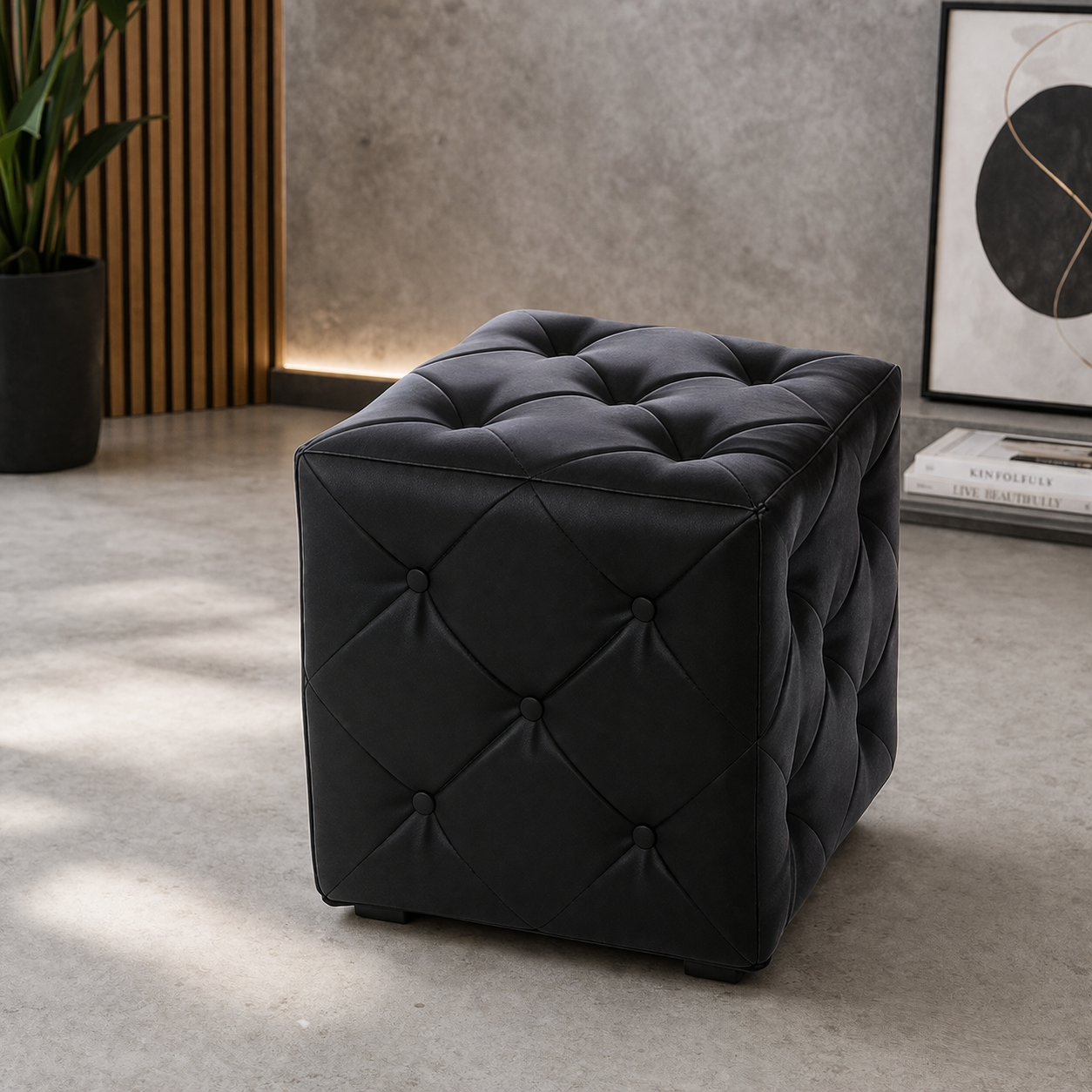 Пуф мягкий экокожа/каретная стяжка 40х40х43 см Черный (33754090)