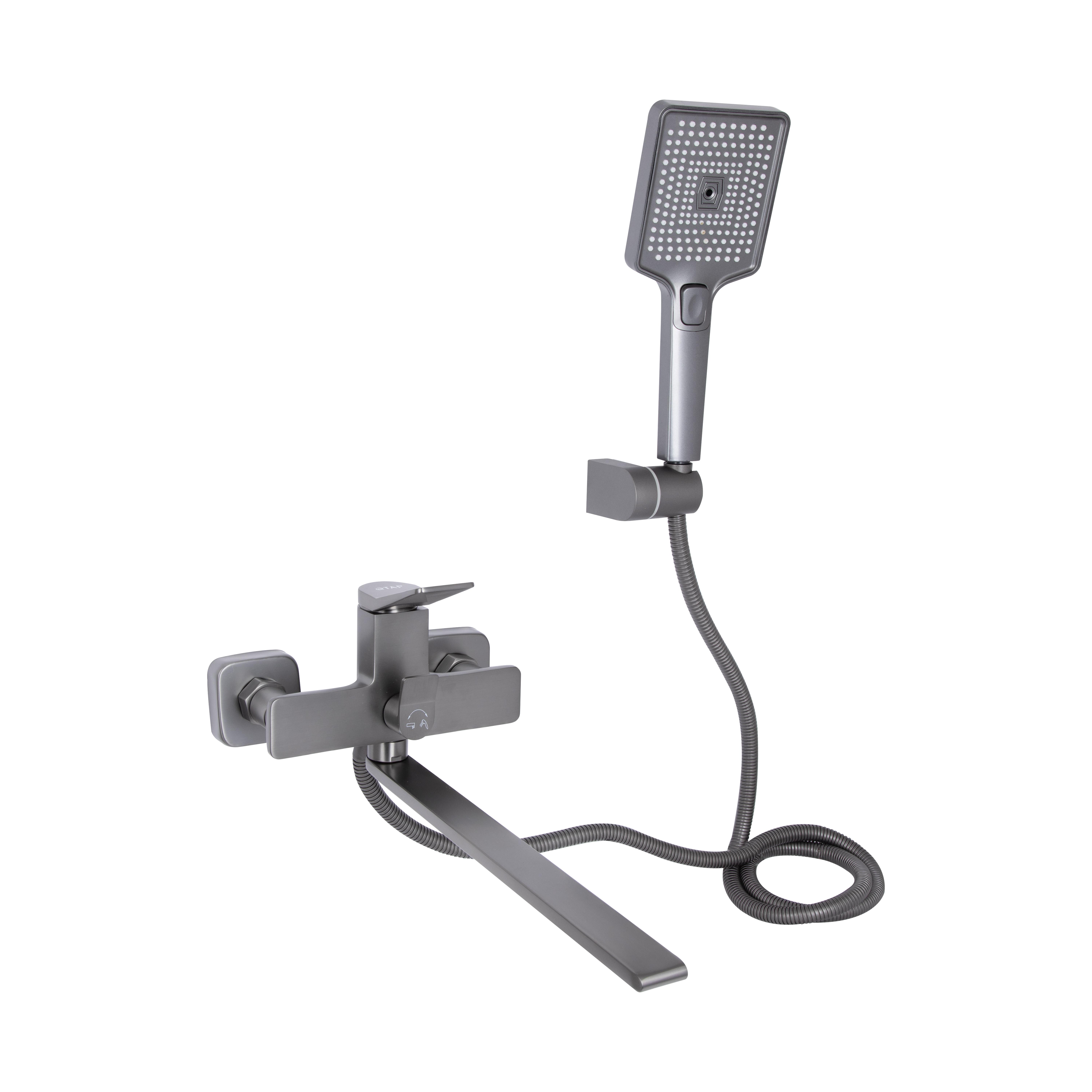Змішувач для ванни Qtap Presto з довгим поворотним зливом з душовим гарнітуром Graphite (QTPRE2601GRP45583)