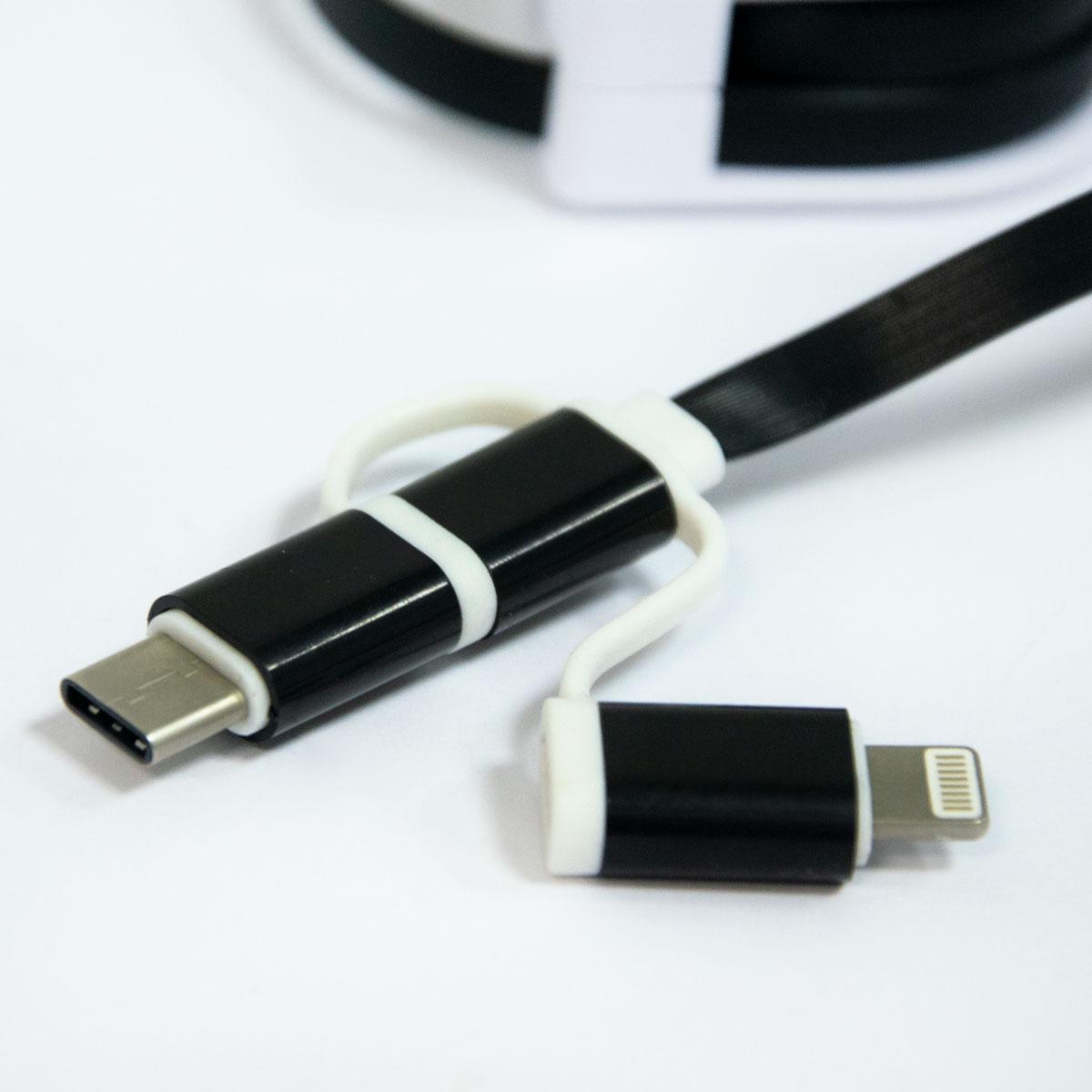 Кабель для зарядки Улитка Type-C/Micro USB/Lightning 3в1 90 см Черный/Белый (1009722-Black) - фото 3