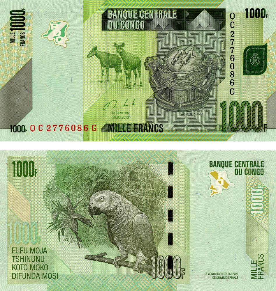 Коллекционная банкнота Демократическая Республика Конго 1000 франков 2013 UNC Попугай P101 (Б12612)