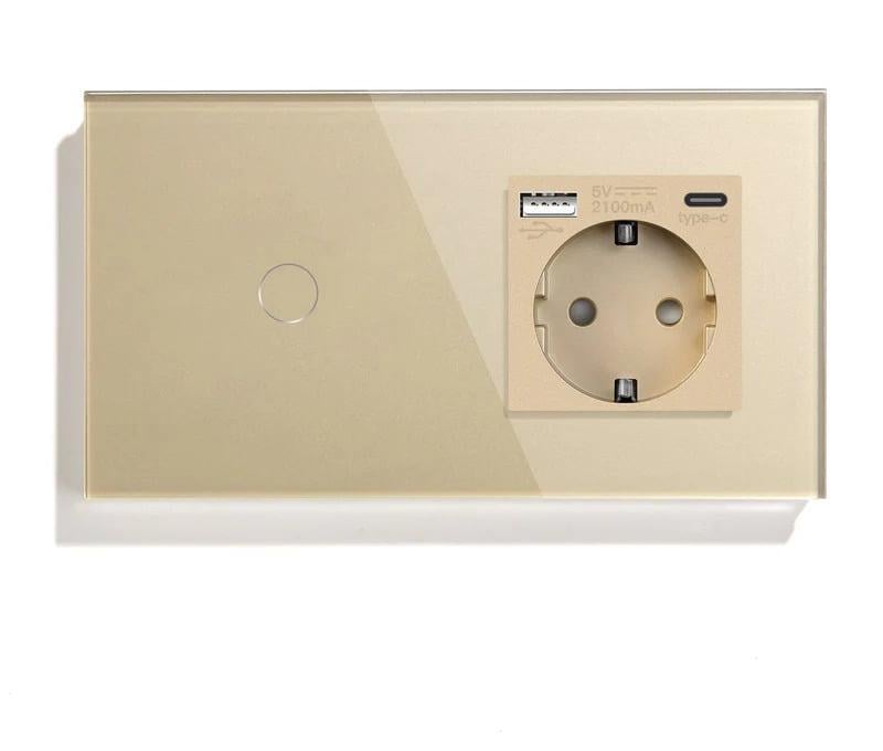 Выключатель сенсорный LUXION с розеткой USB A+C 20Вт с заземлением/шторками 16А 230В стекло Золотой