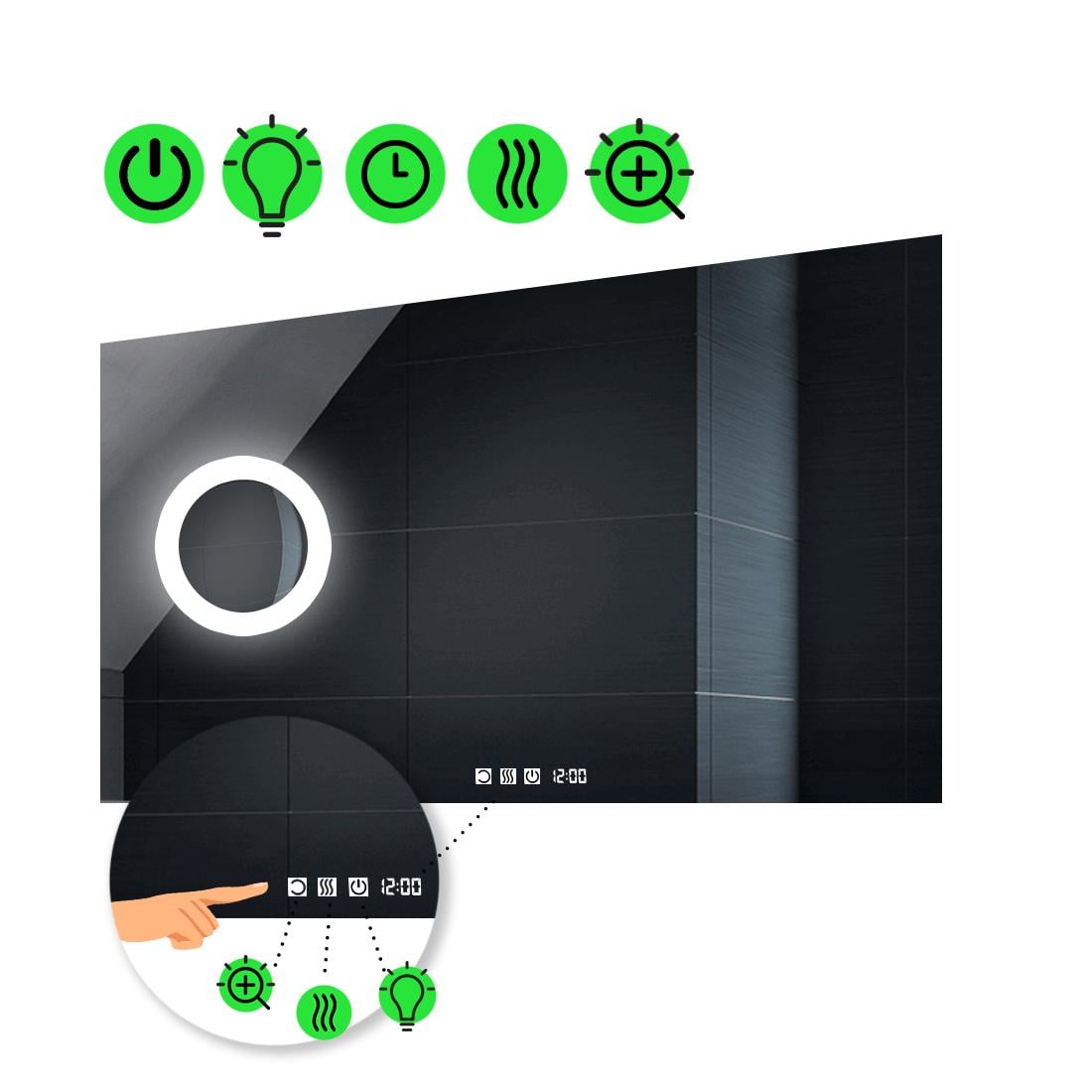 LED-зеркало 120x100 см с тремя сенсорами часами подогревом и линзой с подсветкой модель Lucia. (luciag229)